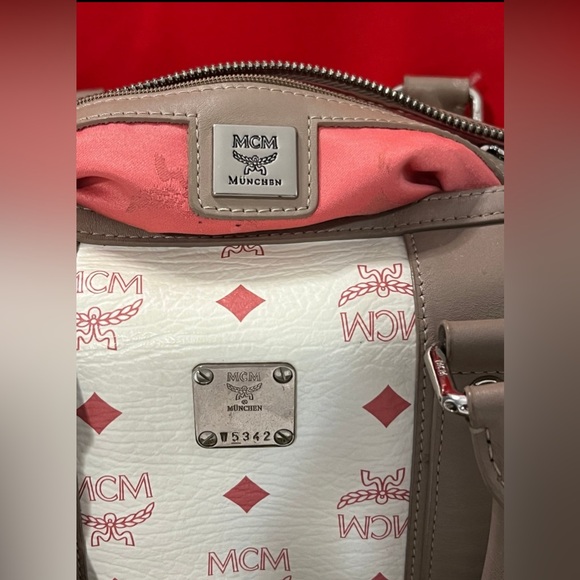 MCM Visetos Tan:Red:White Leather Satchel Bag: Boston Speedy Handbags & Purses - Picture 7 of 11